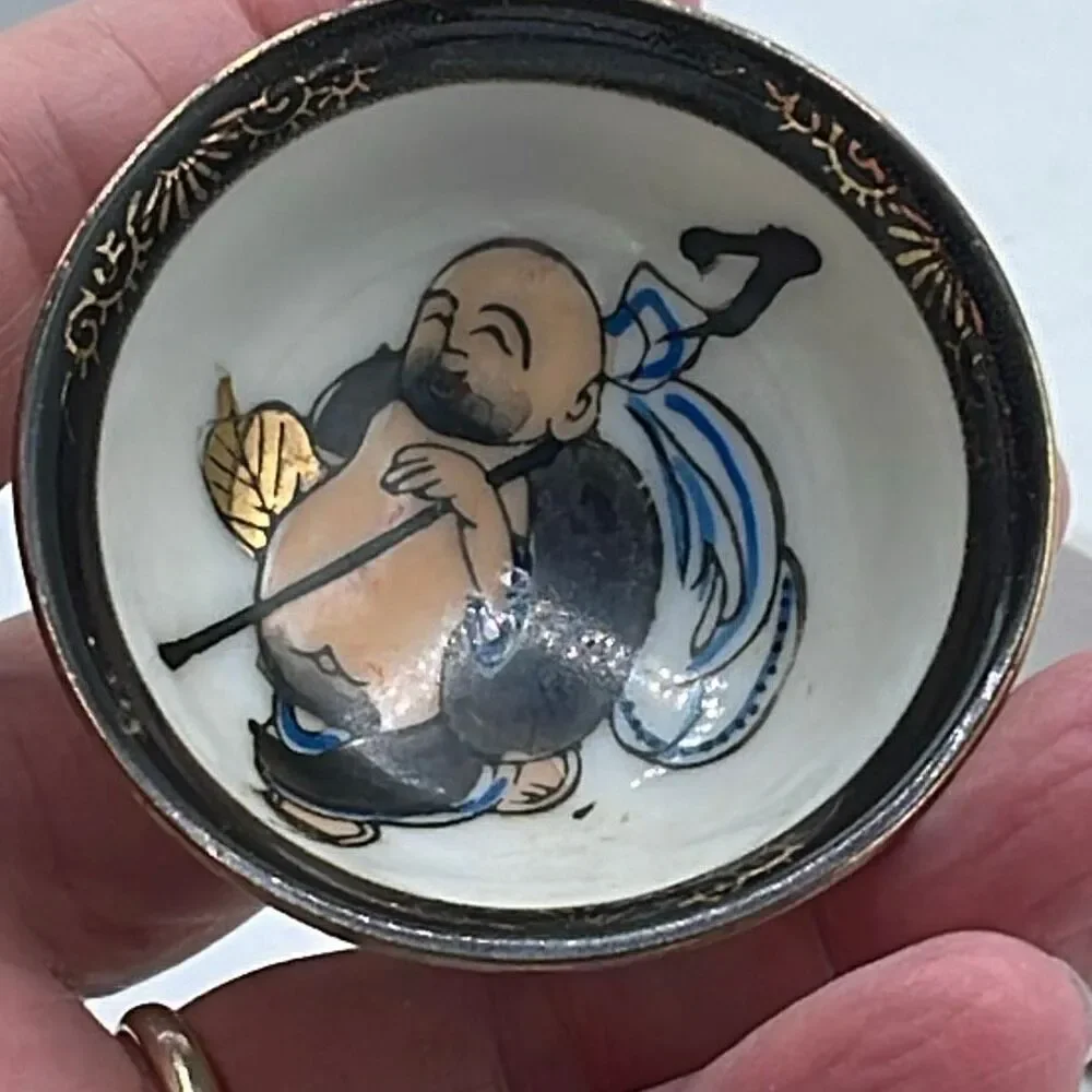 Vintage Japanese Kutani ware sake cup hand painted Lucky God.